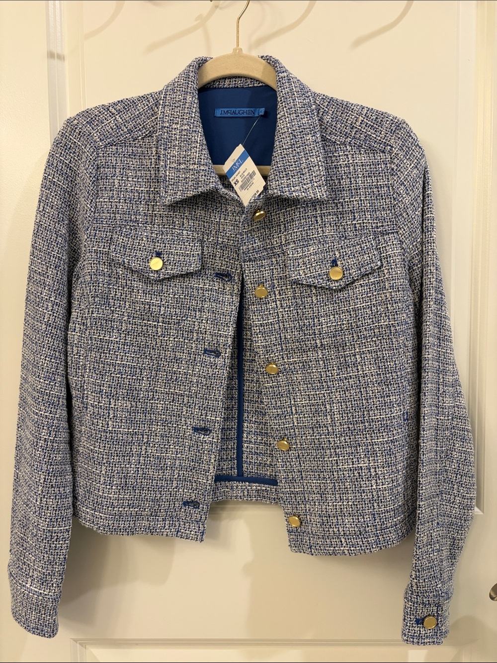 J. McLaughlin Blue Tweed/linen Colby Jacket with Gold Buttons